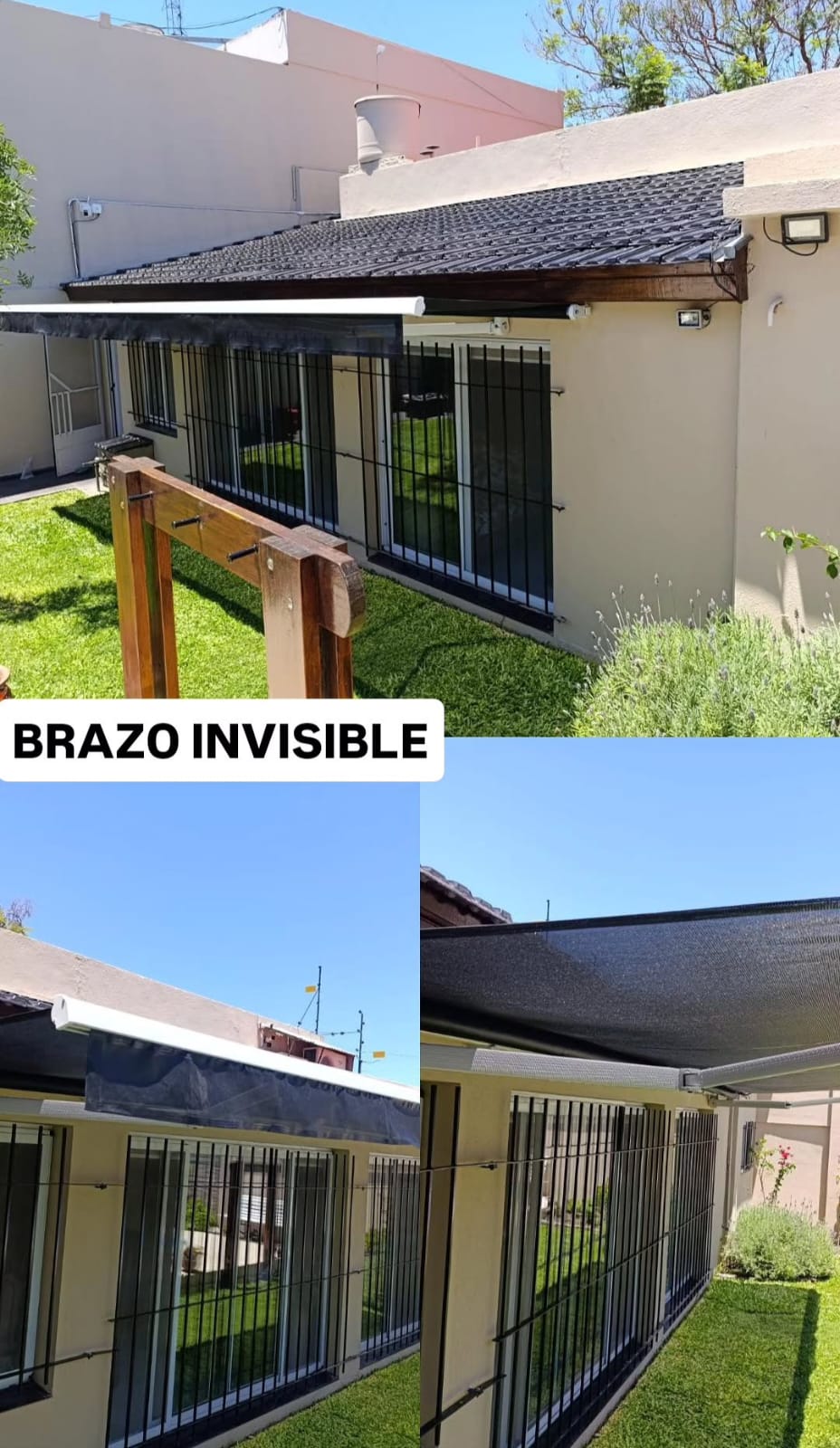 Toldo retráctil con brazo invisible instalado en patio residencial